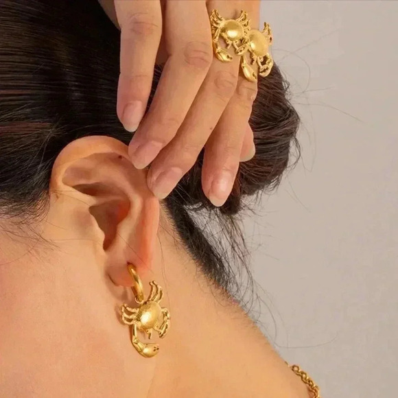 *NEW* 18K Gold Plated Stainless Steel Crab Earrings on Congo Hoops  (GOLD) - Picture 4 of 8